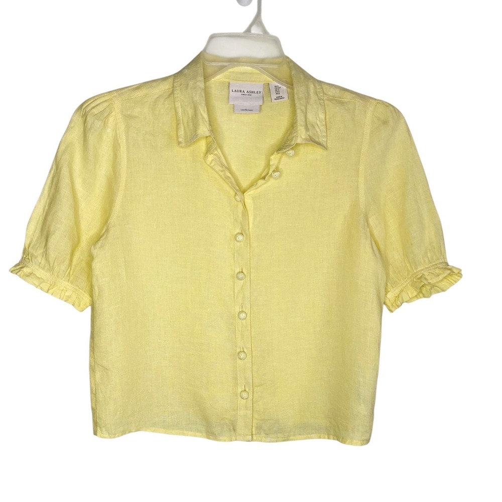 Laura Ashley Women Yellow 100% Linen Short Peasant Sleeve Button Down Shirt S